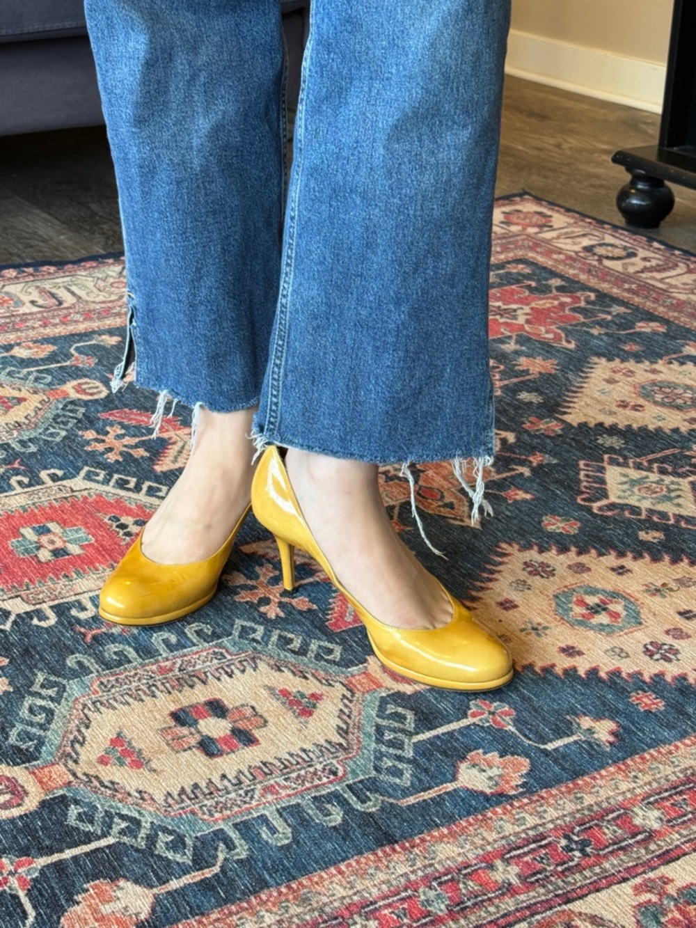 Stuart Weitzman Yellow Patent Leather Mid-Heel Pumps